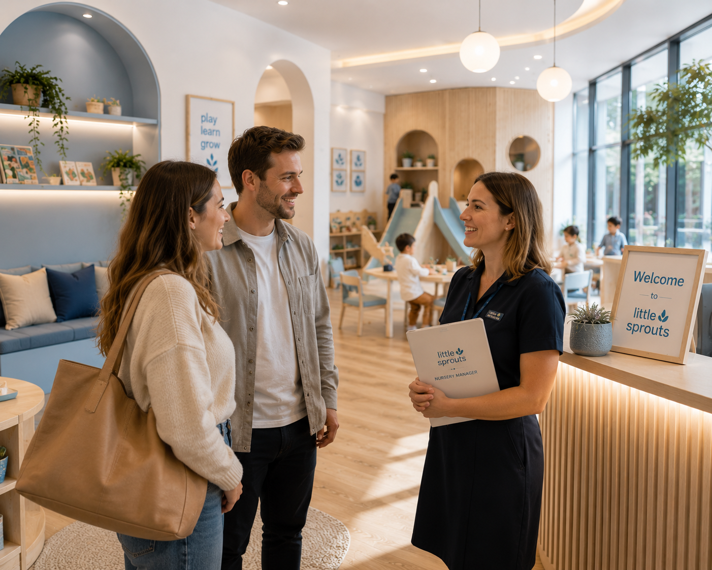 A nursery staff member in a Little Sprouts nursery welcomes a couple at the reception desk. The reception area is bright and modern, with children playing in the background and signs that read 'Welcome to Little Sprouts' and 'play learn grow'.