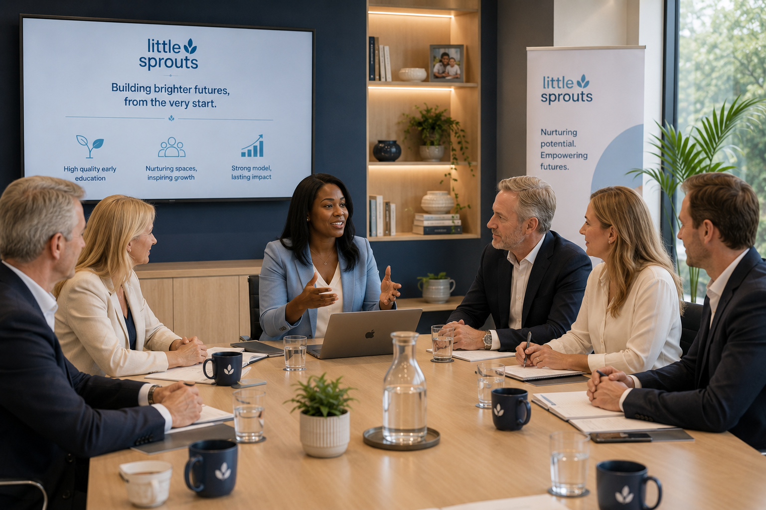 A group of six diverse professionals sitting around a conference table in a business meeting, with a woman presenting and discussing on a laptop, behind a screen displaying "little sprouts" branding and presentation points about early education and growth.