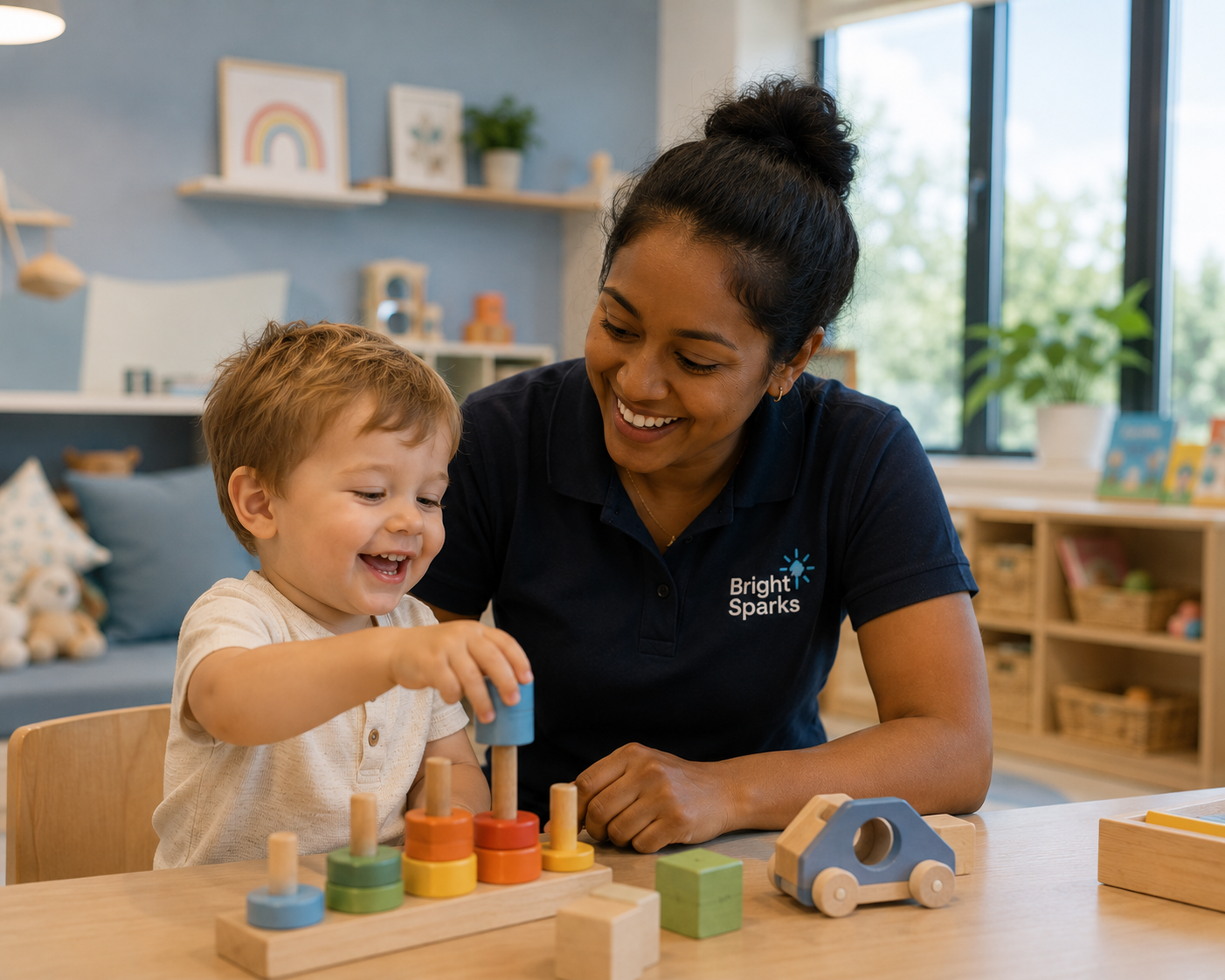 A young boy and a woman smiling at each other while playing with colorful stacking toys at a wooden table.