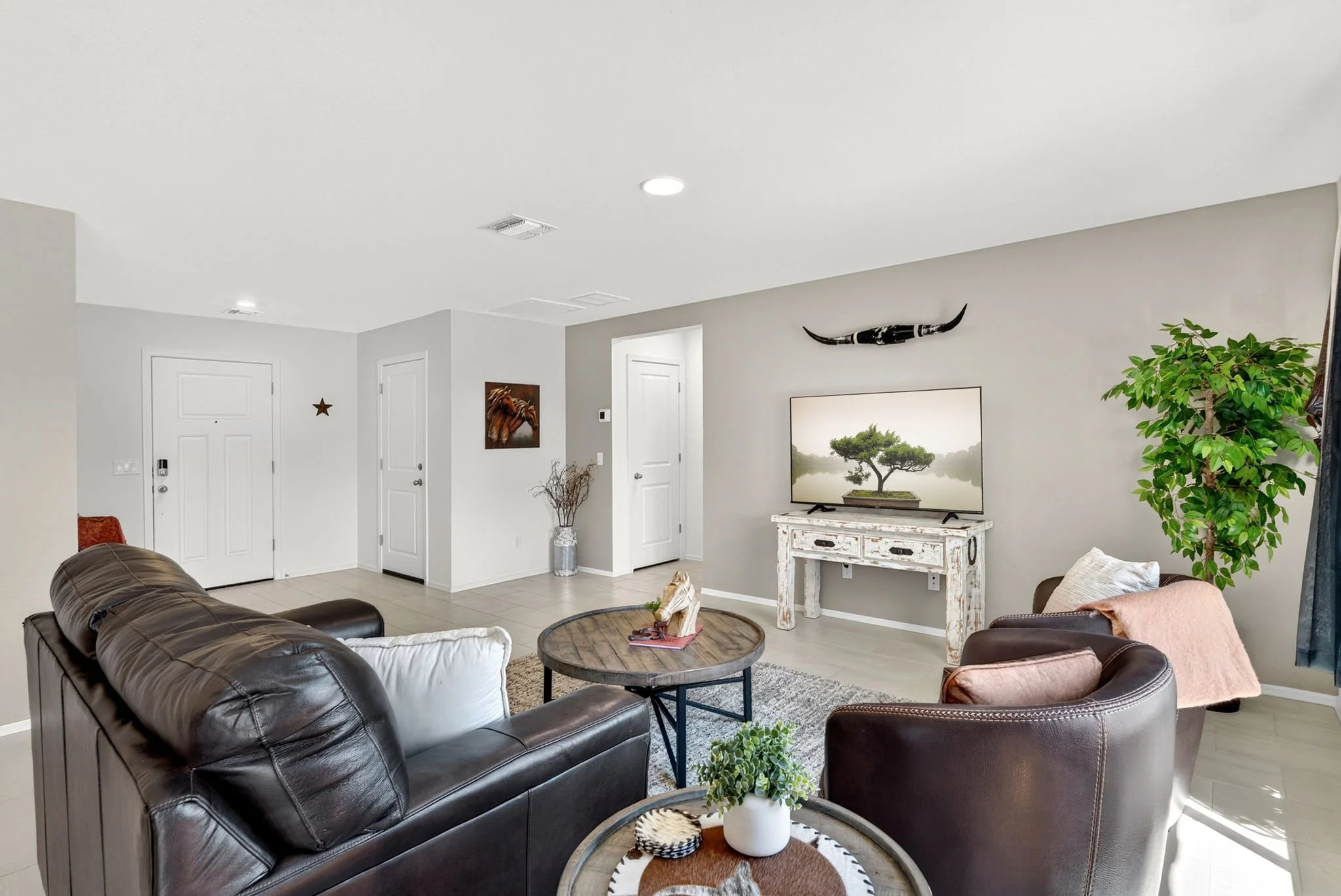 Living room with brown leather sofa, white pillows, wooden coffee table, green potted plant, wall art, and a television on a distressed white stand.