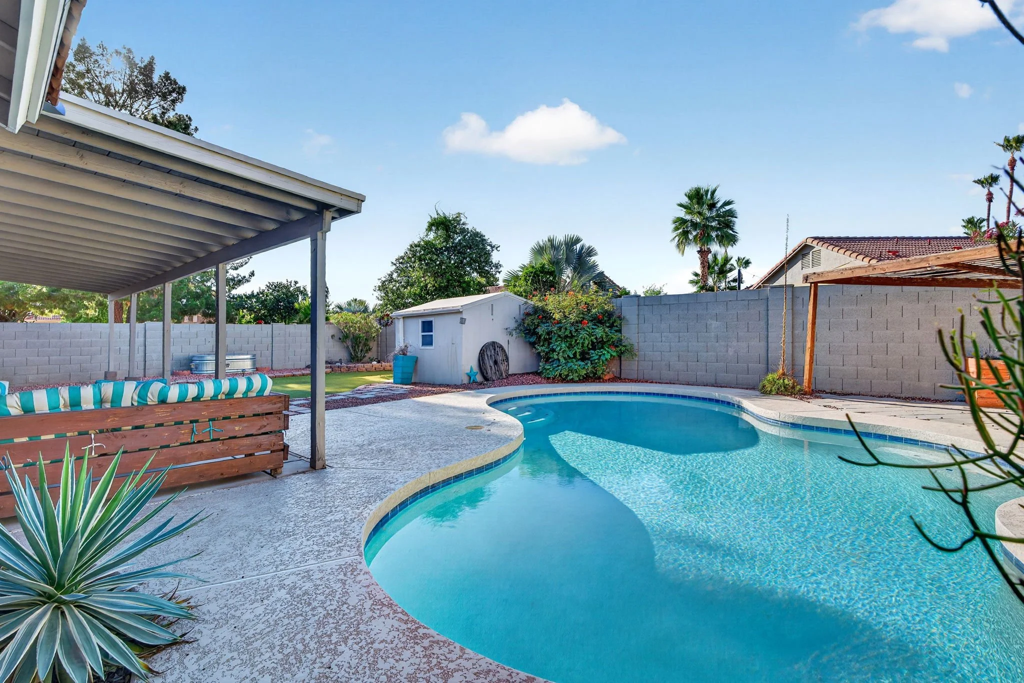 Backyard with a kidney-shaped swimming pool, covered patio area, various plants including a large agave, a white shed, and a brick wall with palm trees in the background under a blue sky with clouds.
