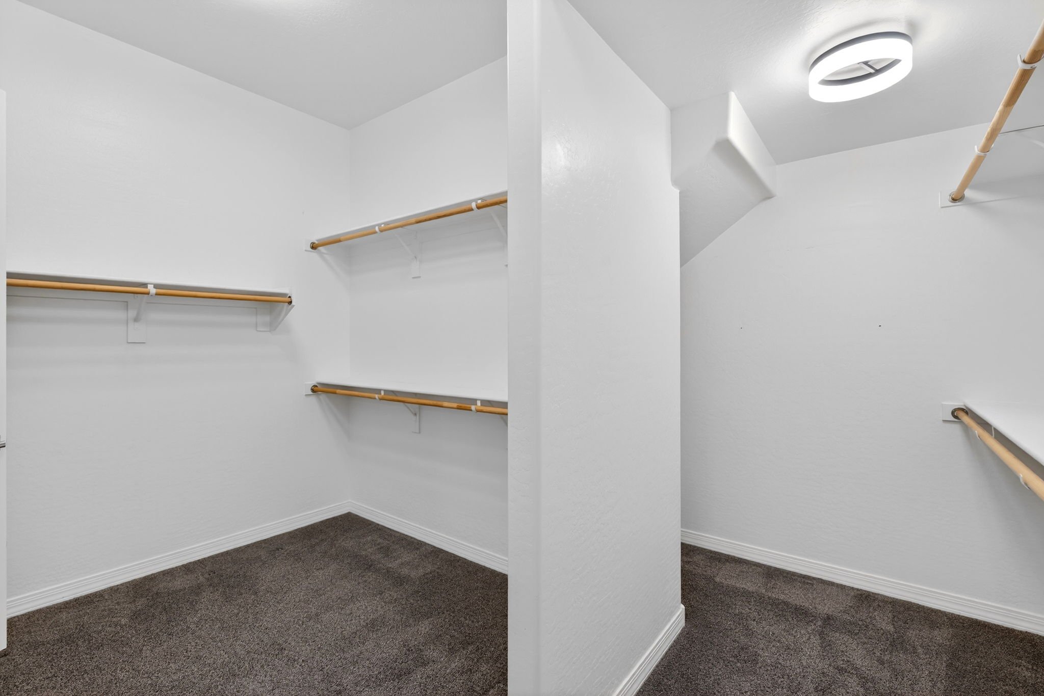 Photo of empty walk-in closet with white walls, dark carpet, and multiple wooden closet rods mounted on the walls.