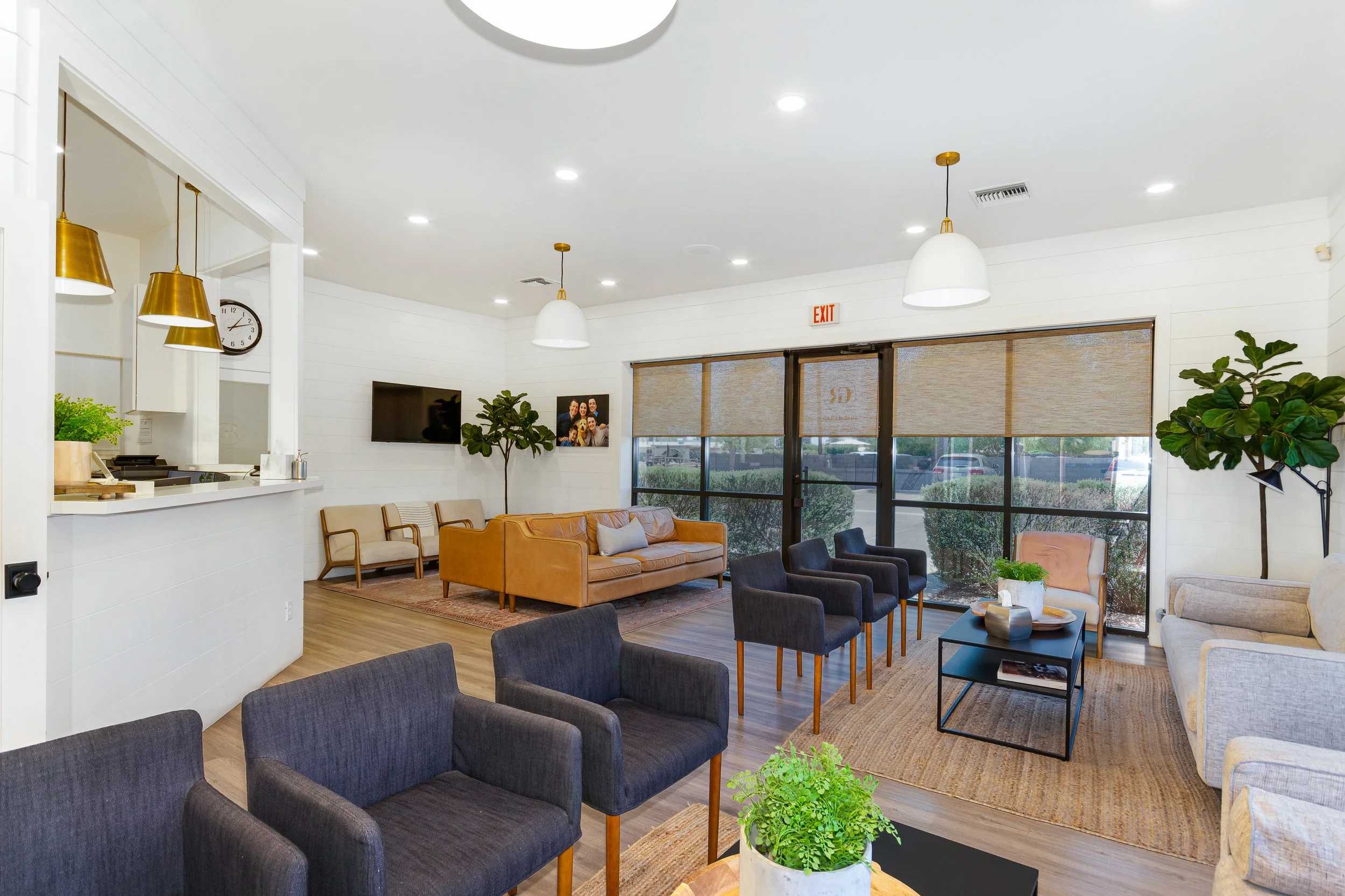 Inside view of a modern, clean waiting area with multiple chairs, sofas, potted plants, windows with shades, and a wall-mounted TV.