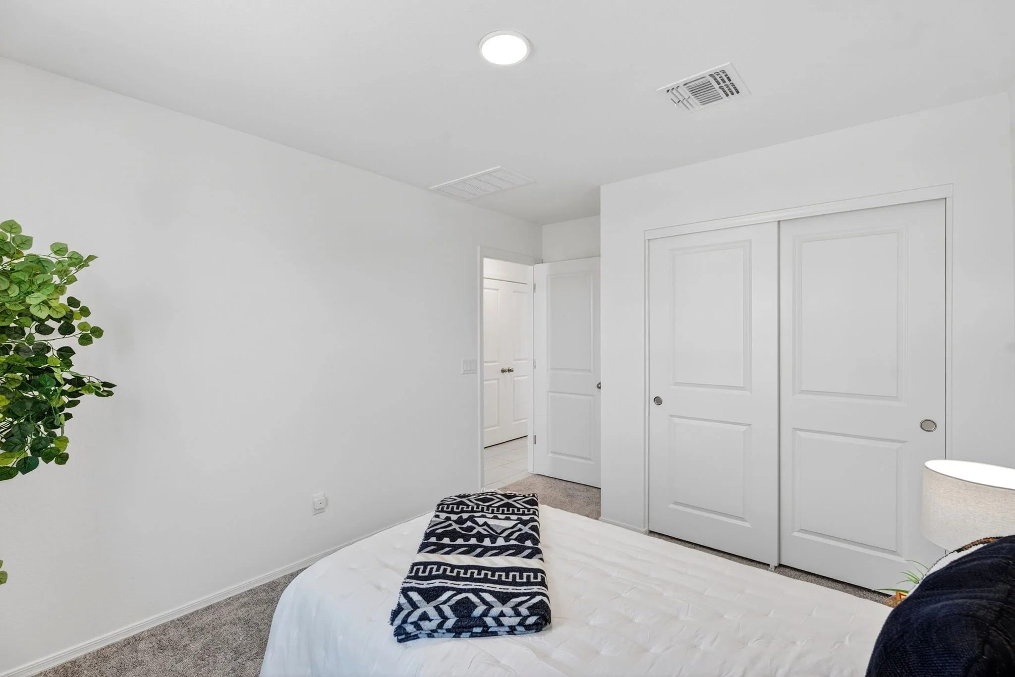 A bedroom with white walls, a bed with a black and white patterned blanket, a green potted plant, a closet with sliding doors, and doors leading to a hallway. The ceiling has a round light and a ceiling vent.