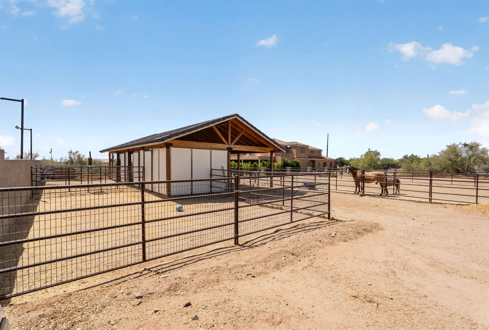 A fenced outdoor horse enclosure with a small wooden barn, a horse grazing, and residential buildings in the background, under a clear blue sky.