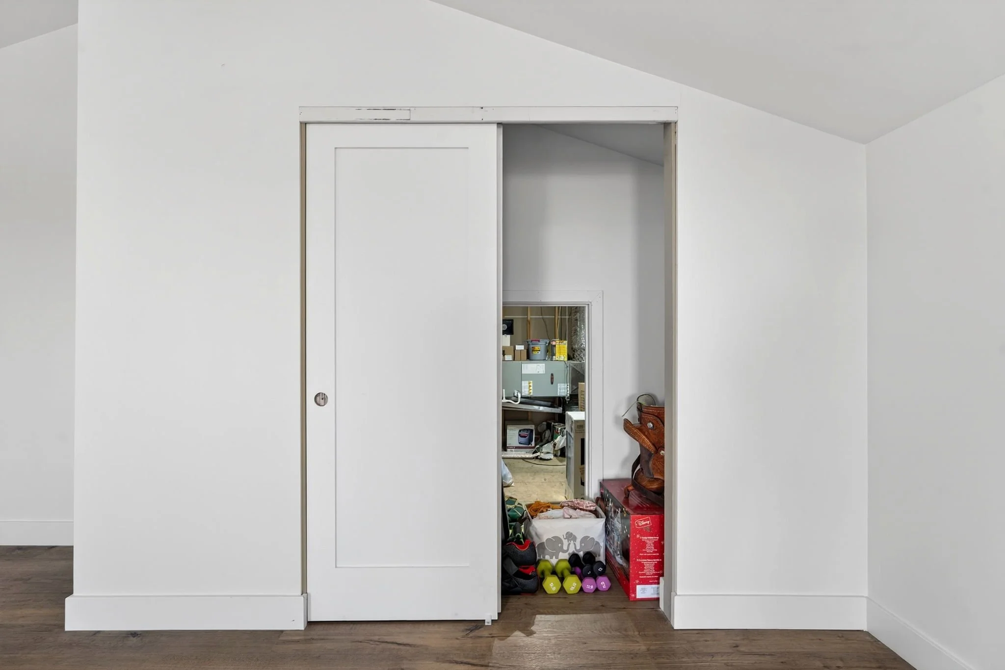 Interior view of a closet with a sliding door partially open, revealing shelves with items including dumbbells, a pair of shoes, a subwoofer, and various boxes.