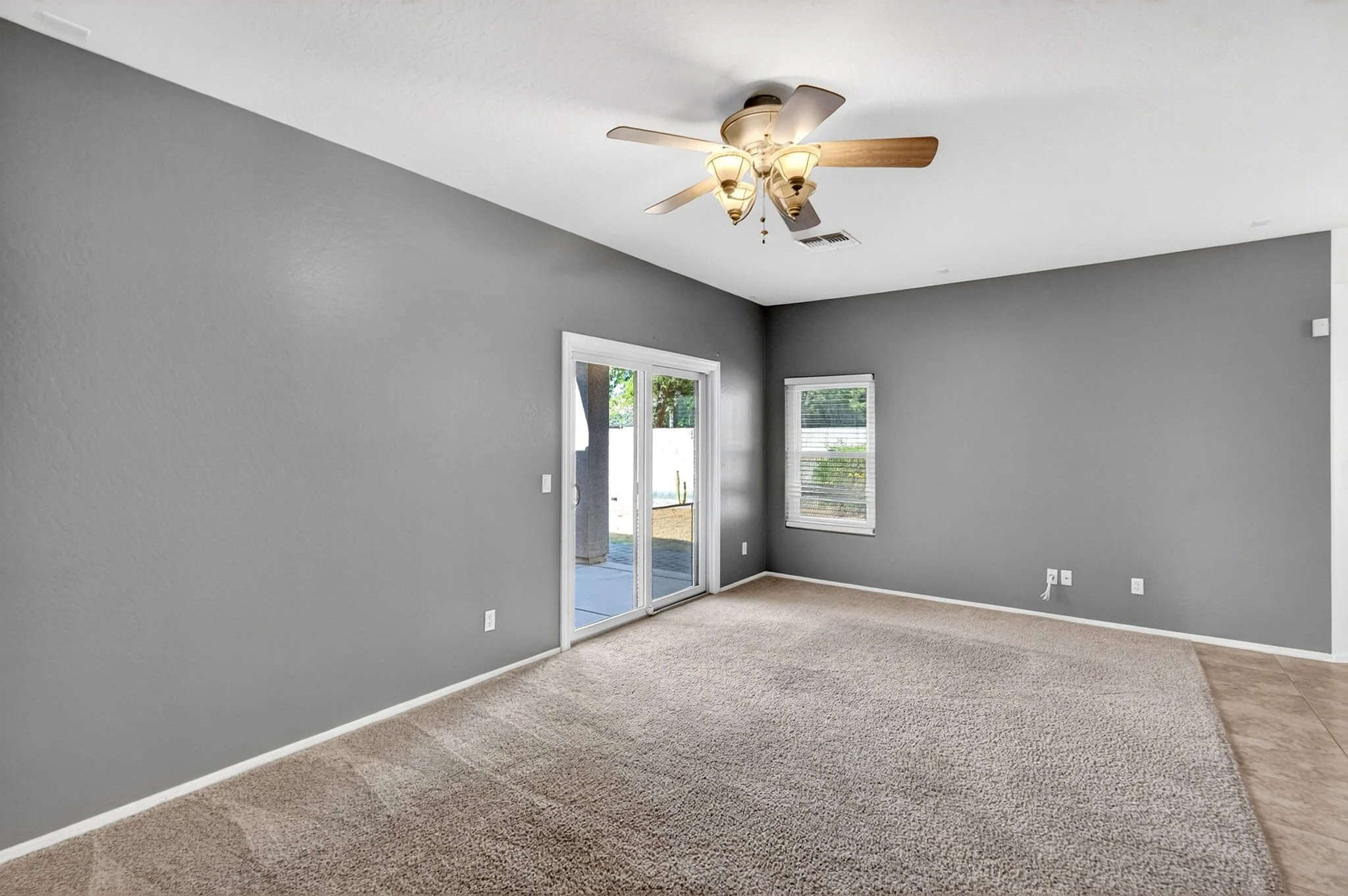 Empty living room with gray walls, beige carpet, and a sliding glass door leading outside, with two windows also visible.