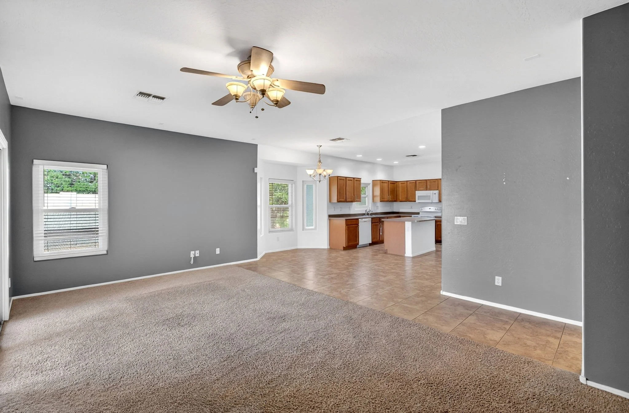 Open living room with carpeted area, gray and white walls, and a kitchen with wooden cabinets and white appliances visible in the background.