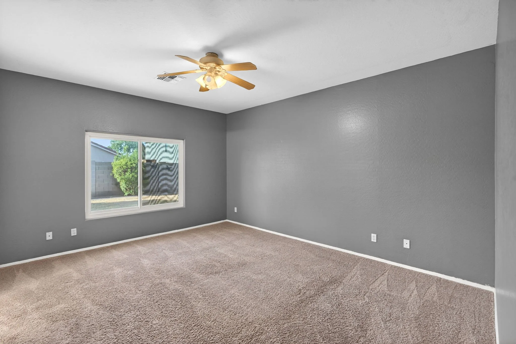 Empty room with beige carpet, gray walls, a single window, and a ceiling fan with light.