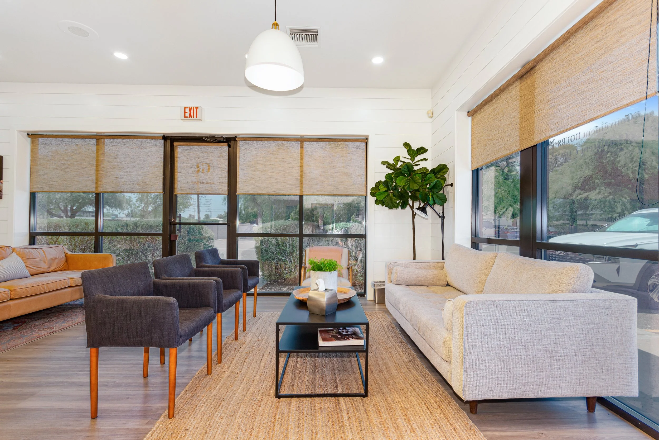 A modern lounge with large windows, beige and black sofas, a coffee table, a patterned rug, and a tall green plant, illuminated by ceiling lights.