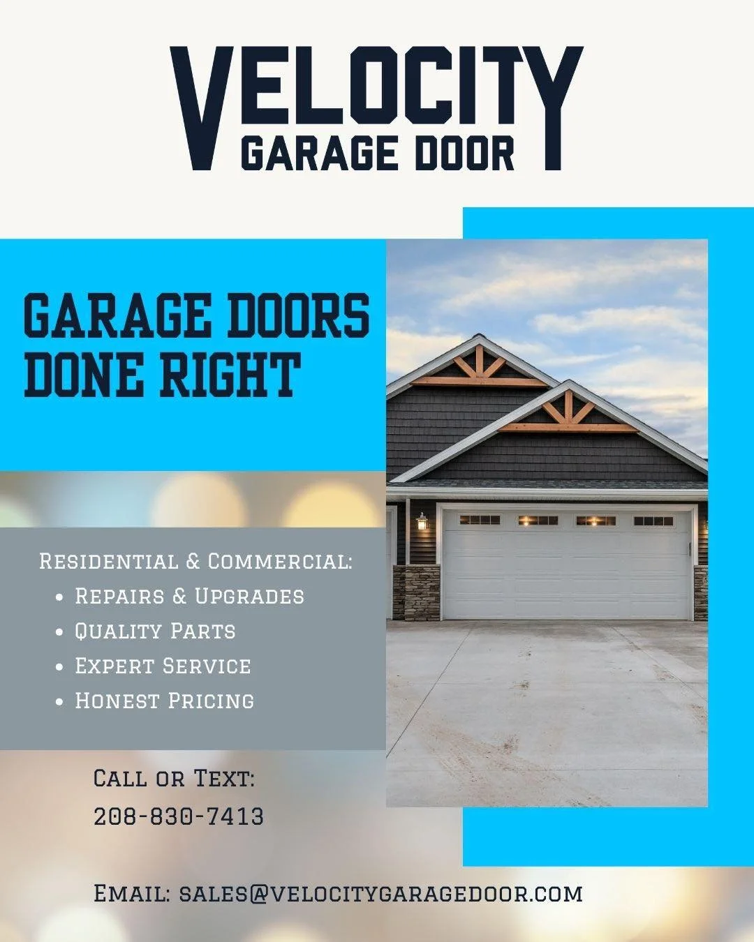 A garage door that won&rsquo;t open or close properly can throw off your entire day.

Velocity Garage Door is here to help with repairs, upgrades, and dependable service for homes and businesses across the Treasure Valley.

📱Call or text 208-830-741