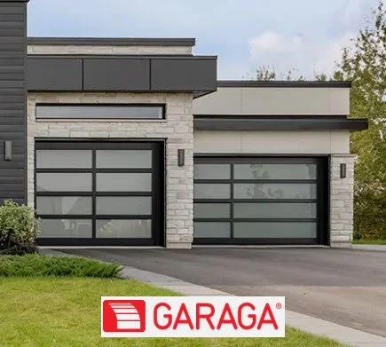 Modern house with two garage doors and a garage door opener brand logo Garaga at the bottom.