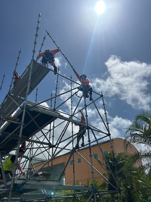 Workers assembling scaffolding outdoors under a bright sunny sky.