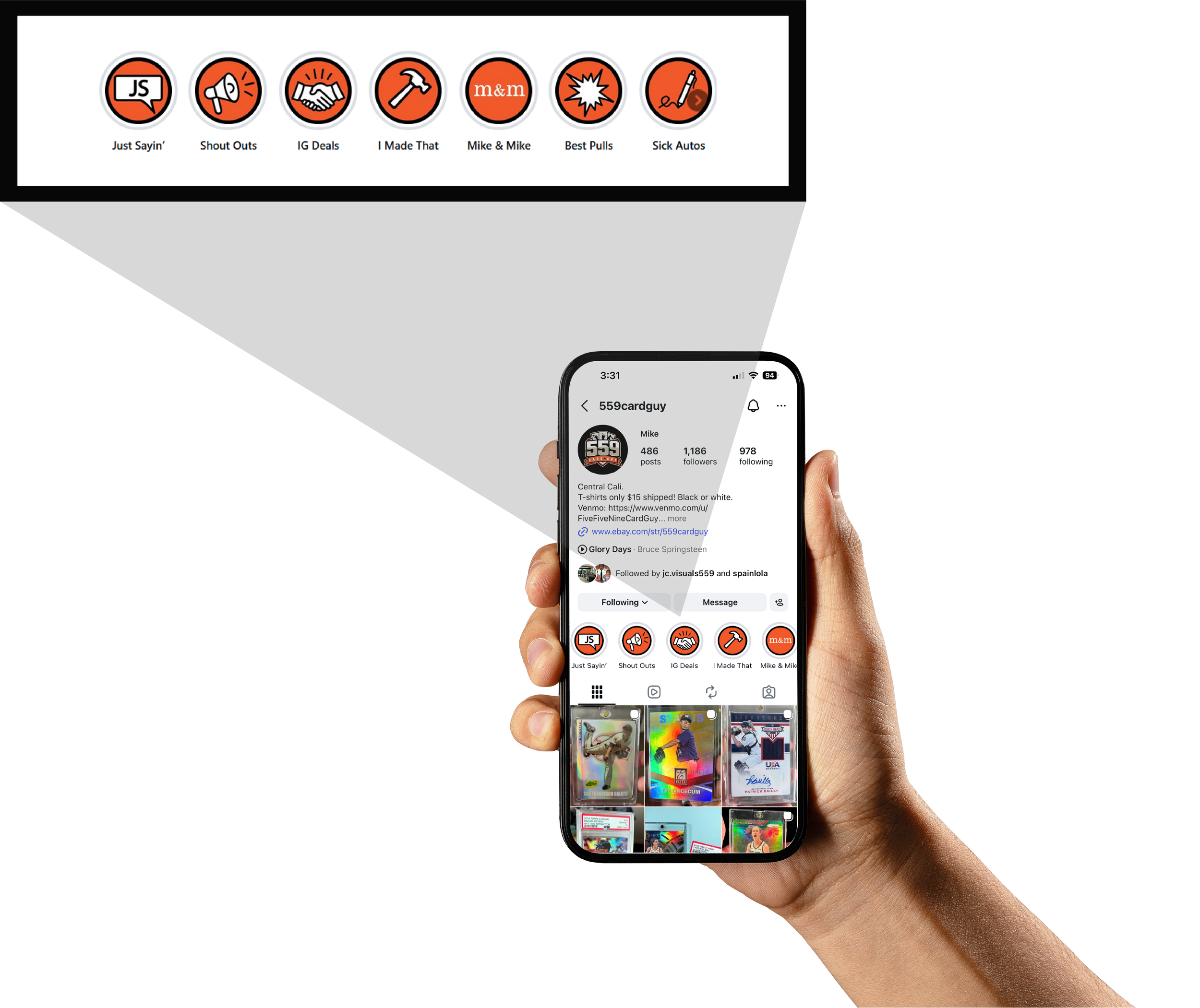 Photo of hand holding cell phone with 559 Card Guy Instagram page display showing digital asset design of icons for branding