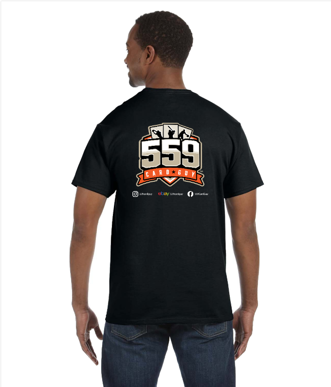 Photo of guy standing turned around showing back of 559 Card Guy t-shirt with logo and social media addresses