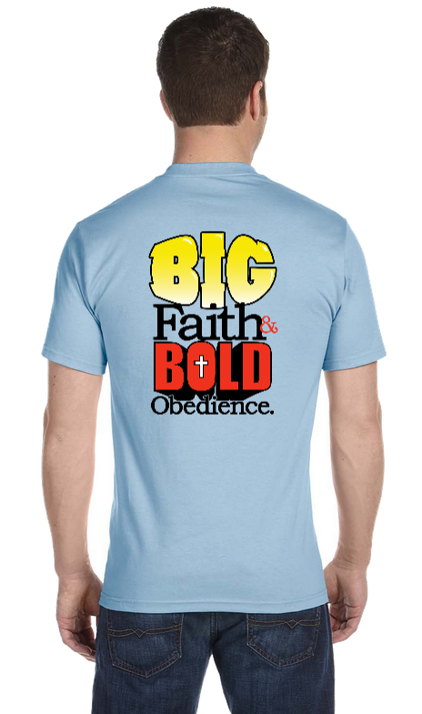 Photo of guy wearing Testimony Christian Apparel t-shirt showing graphics on back