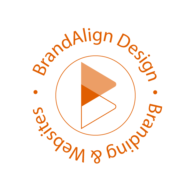 A text circle reading 'Branding & Website Design' and 'BrandAlign Design' arranged in a circle in orange font with icon logo in center.  |  Graphic and website design  |  Hanford, Lemoore, Visalia, Fresno CA