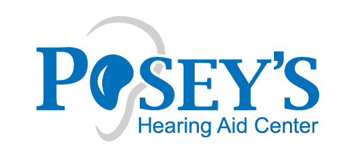 Posey's Hearing Aid Center logo featuring a stylized ear and hearing aid design in blue and gray on a black background  |  Logo design and branding  |  San Francisco Bay Area, CA