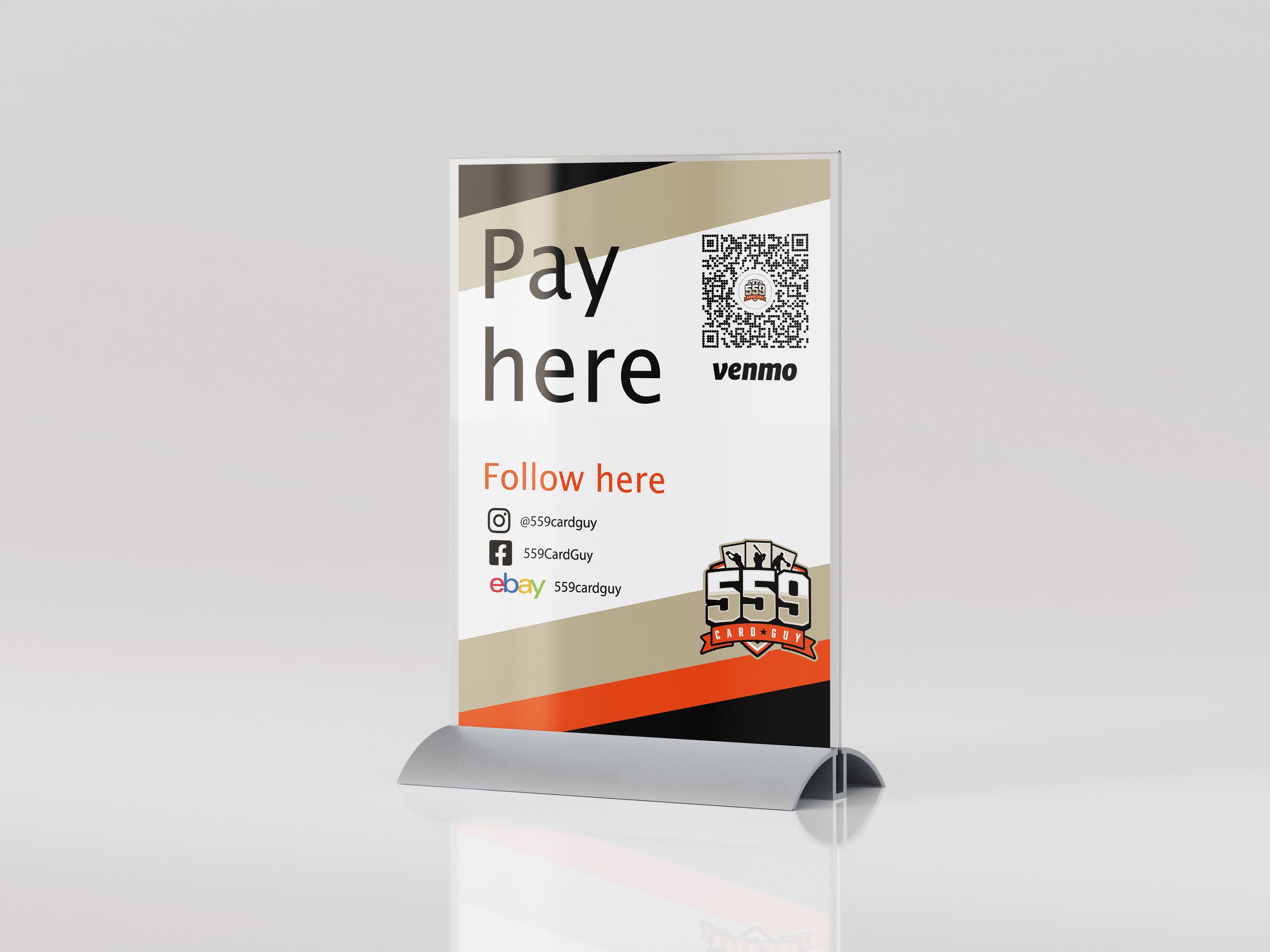 Tabletop display with A4 sign for QR code payments shown with full color logo and 559 Card Guy brand elements