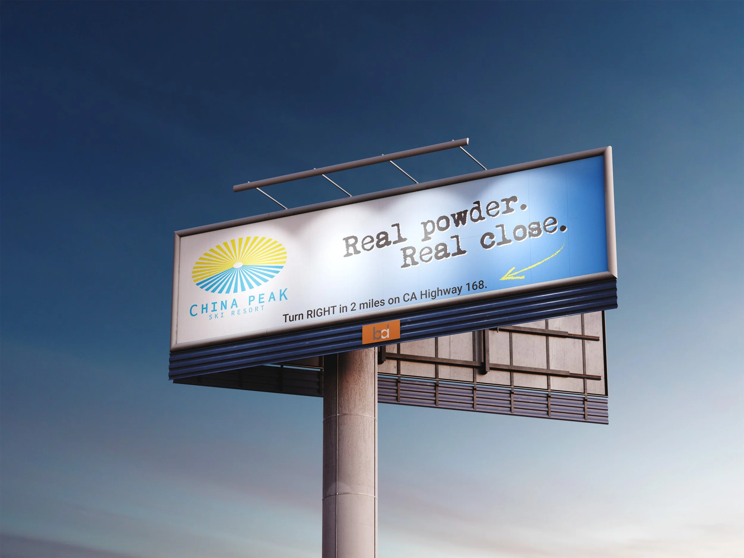 Photo of billboard sign design displaying China Peak Ski Resort logo and directions