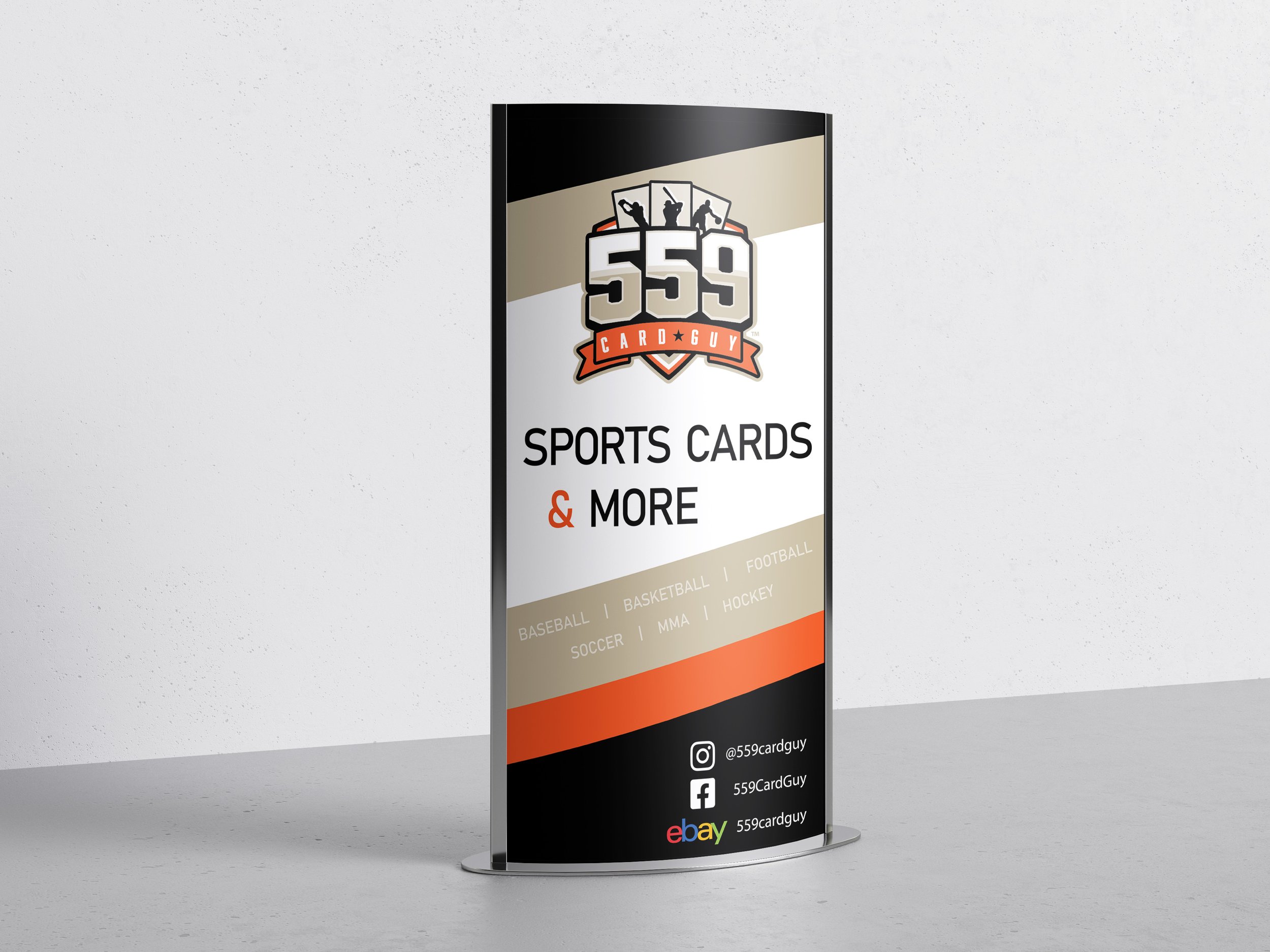 Trade show roll-up banner display with full color logo and 559 Card Guy brand elements