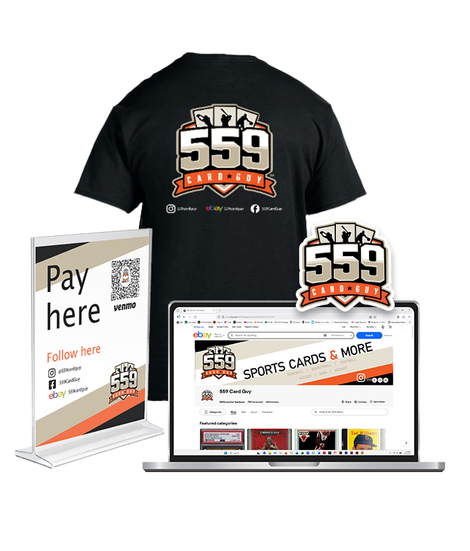 Collage photo of various branding elements for 559 Card Guy, showing cohesive aesthetic through multiple platforms