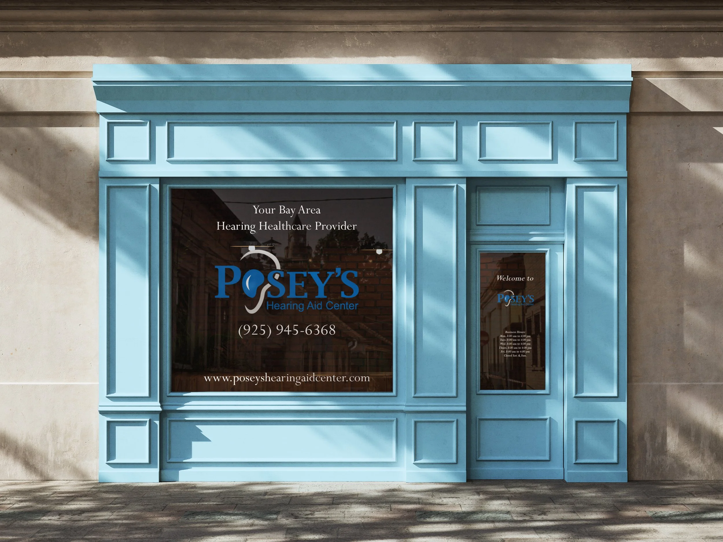 Window decals with logo on exterior of office building