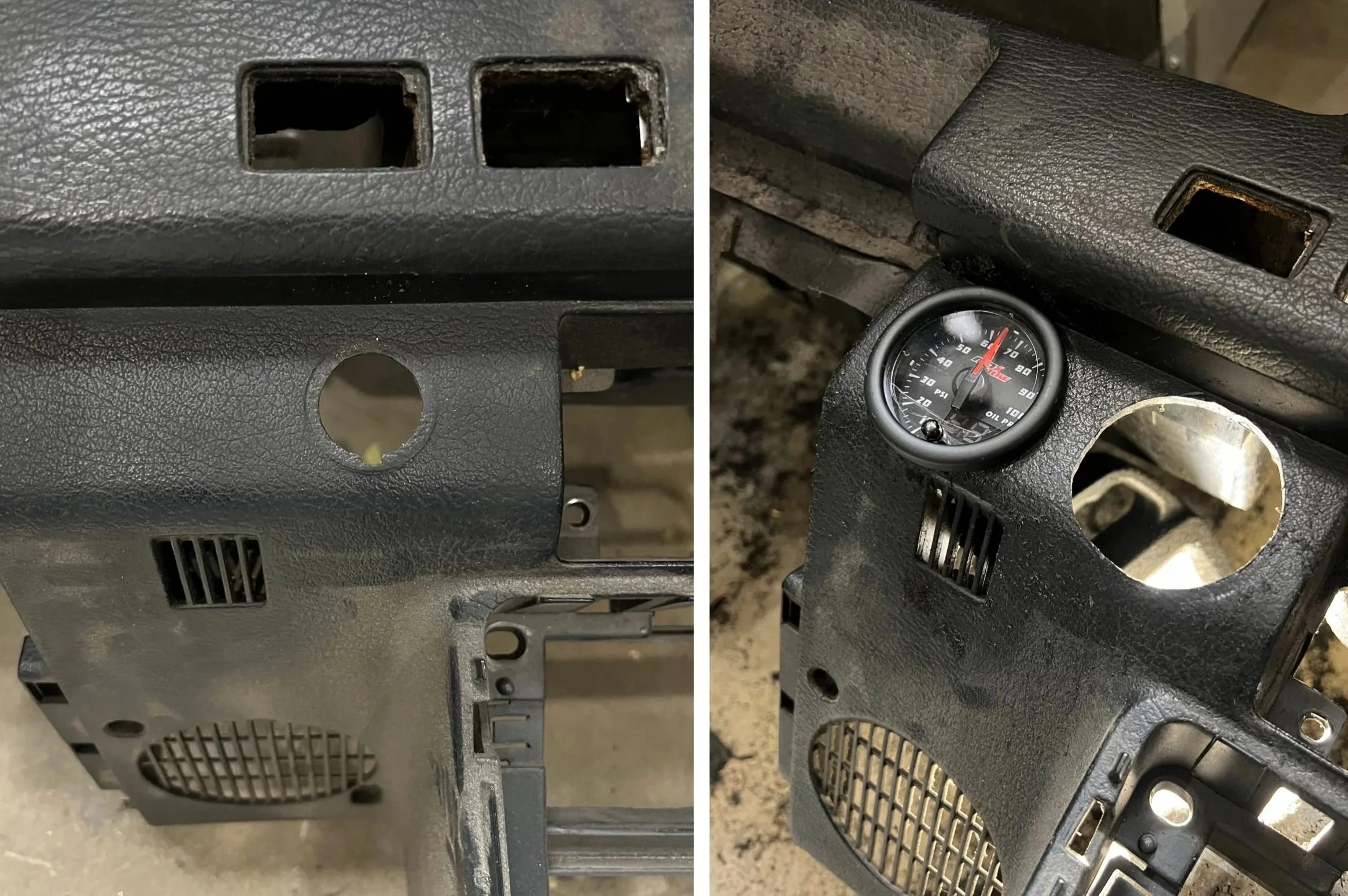 Before and after of a 1984 Nissan 200SX S12 dashboard when it was drilled out for a custom gauge setup.