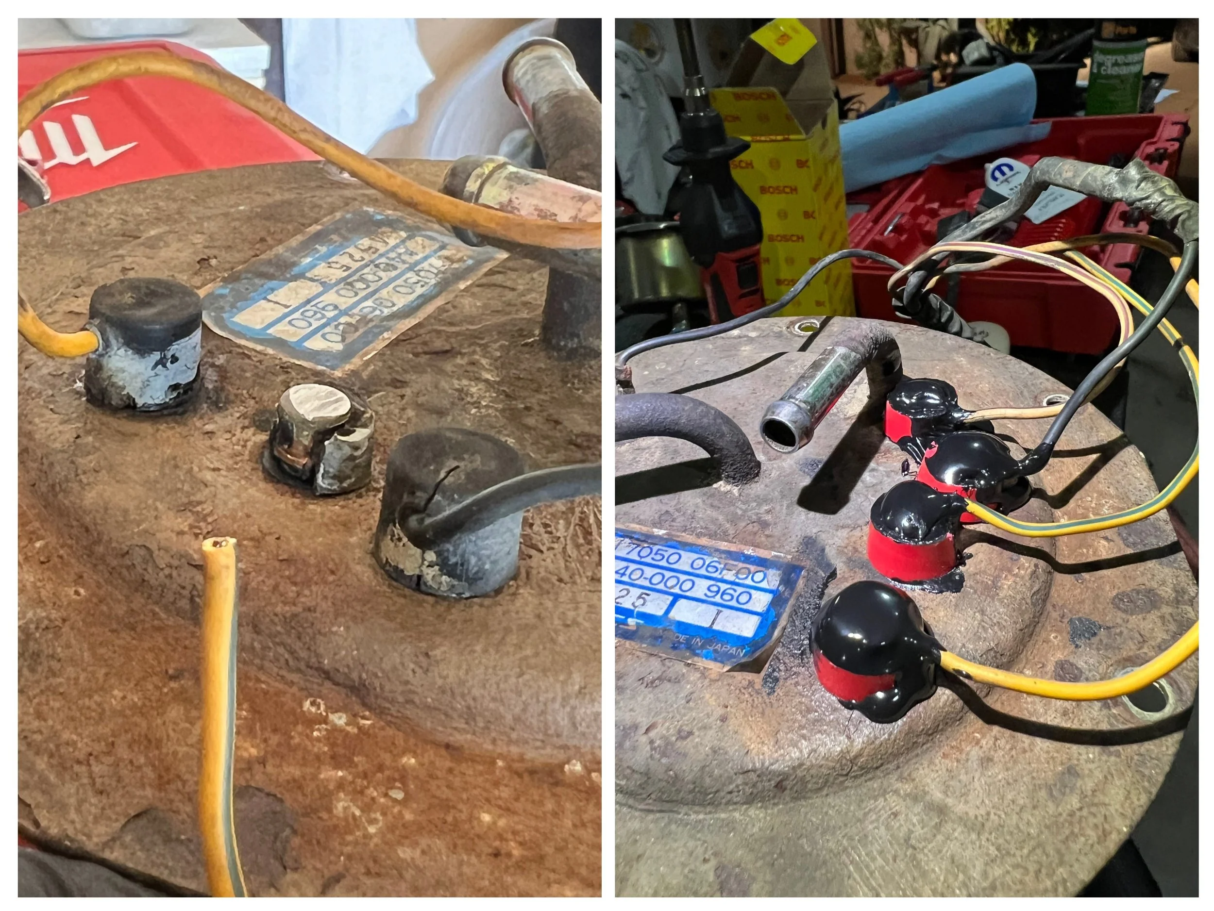 Close-up of a DIY repair on a 41 year old 1984 Nissan 200SX S12 fuel pump assembly.