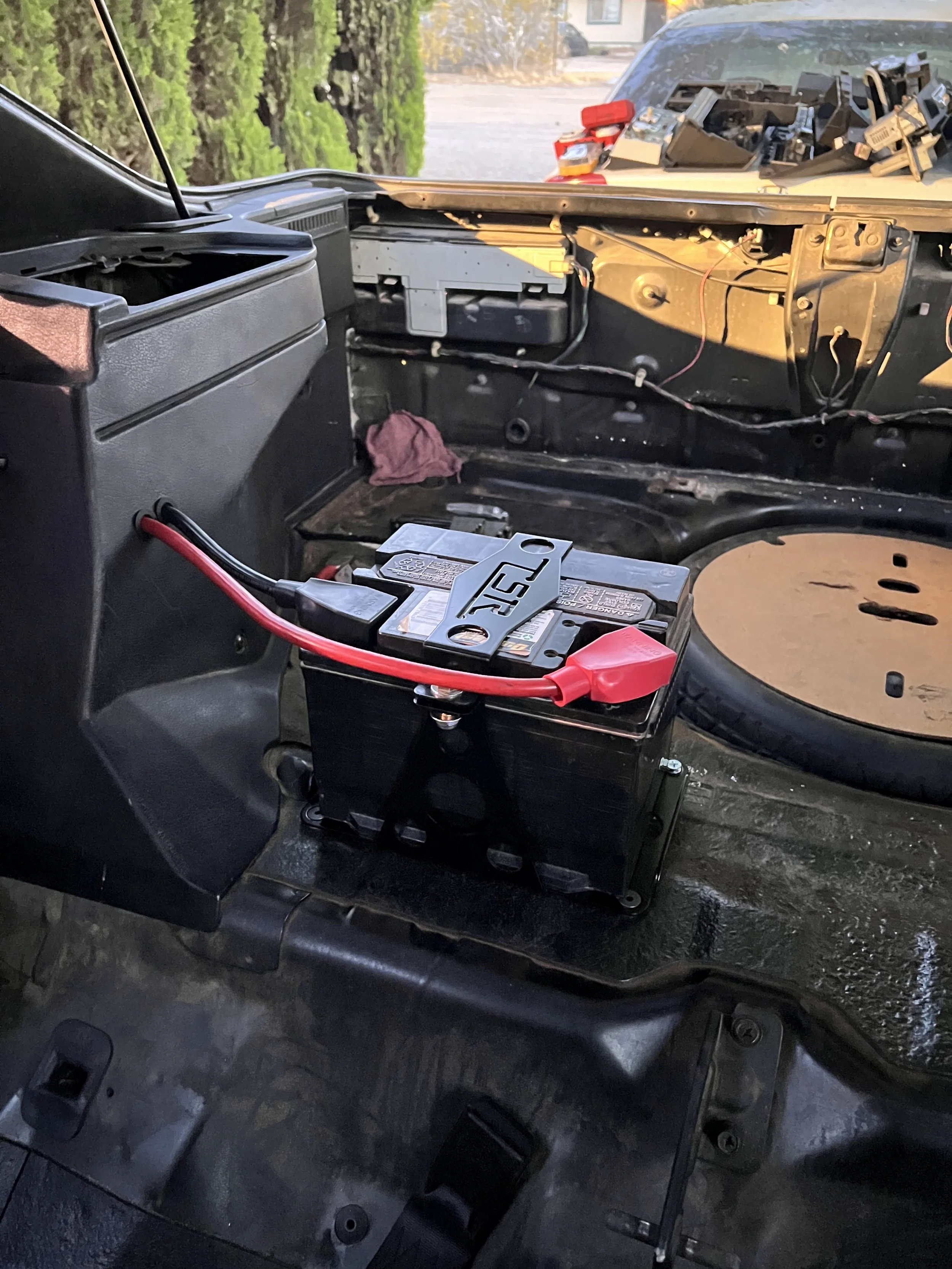 Close-up of the final position of the battery relocation on a 1984 Nissan 200SX S12.