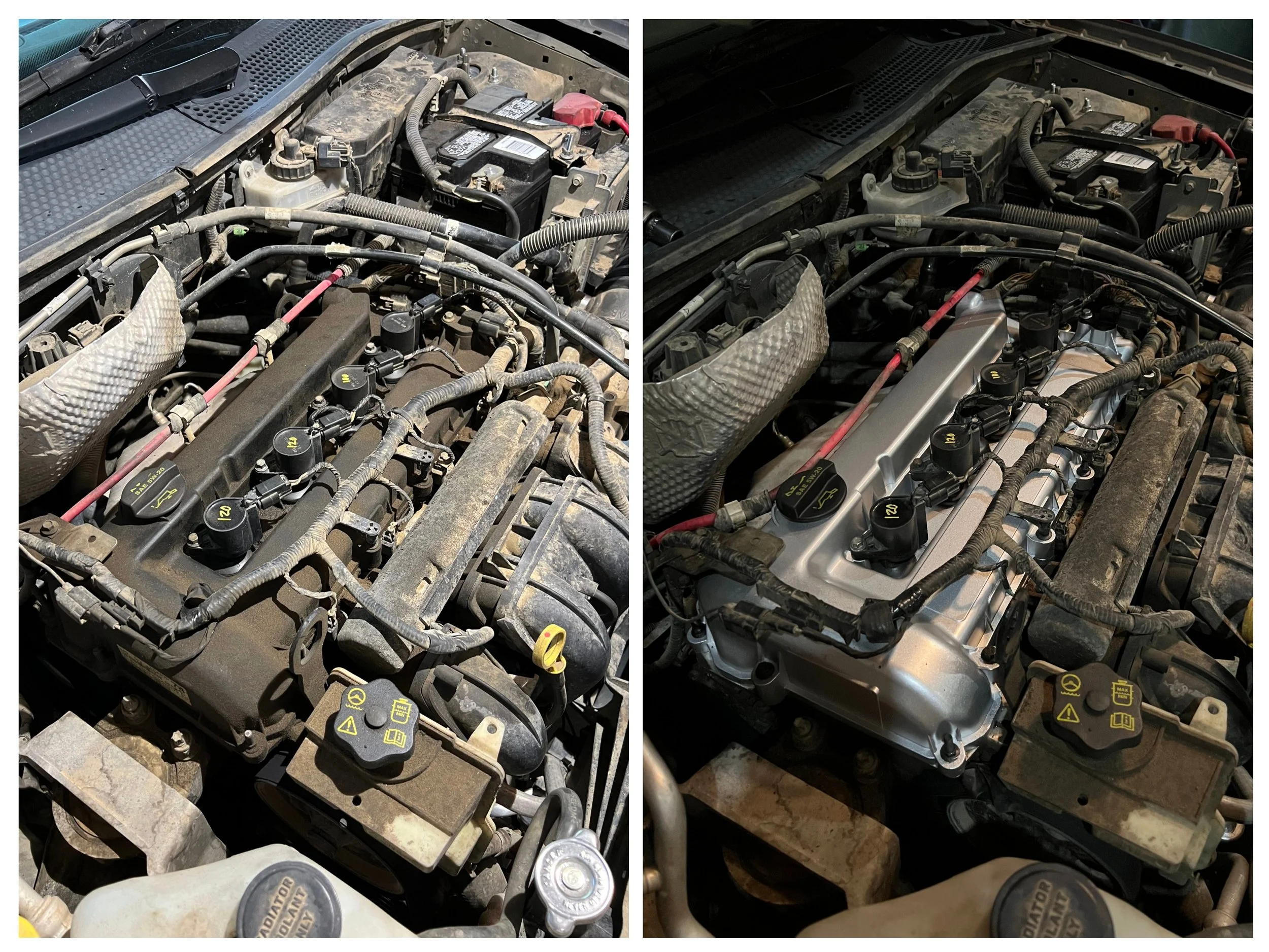 Before and after of replacing the plastic valve cover on a 2010 Ford Focus SE to an aftermarket aluminum version.