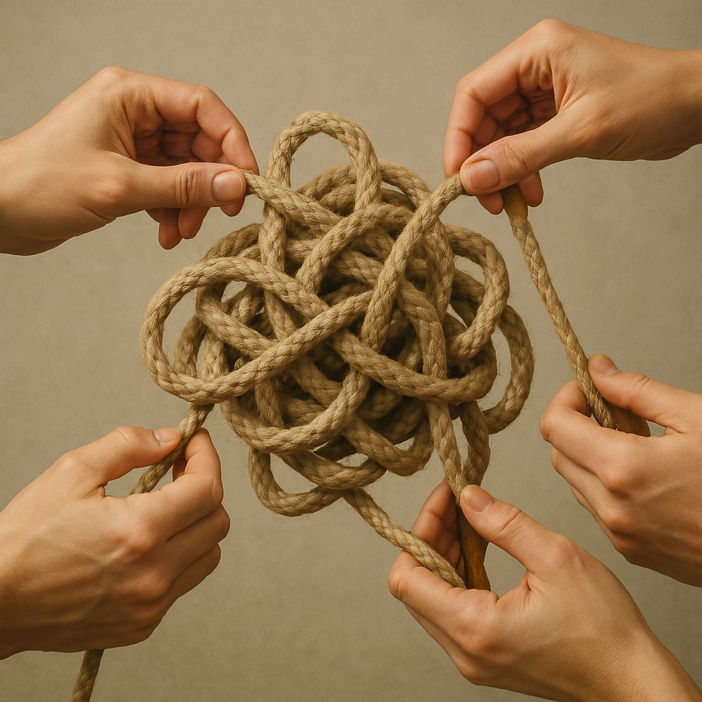 Multiple hands holding and untangling a large, knotted rope.