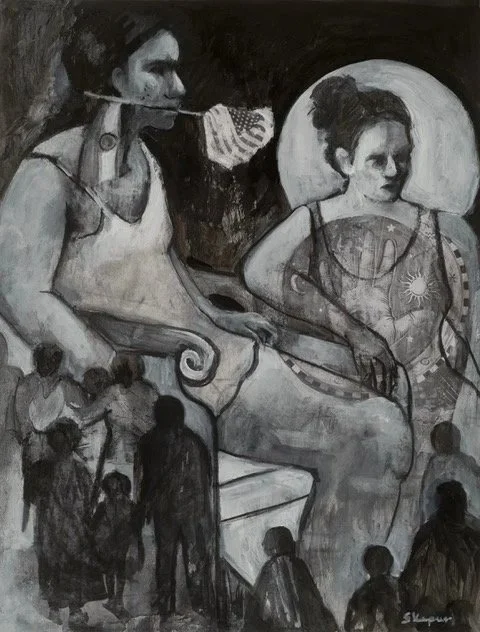 Lady Fate. 19 x 24 inches. Charcoal, Acrylic Paint, Xerox Transfers on Bristol Paper.