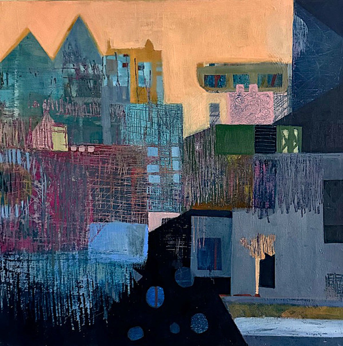 Threads of Connection. 24 x 24 inches. Oil and cold wax  on canvas.