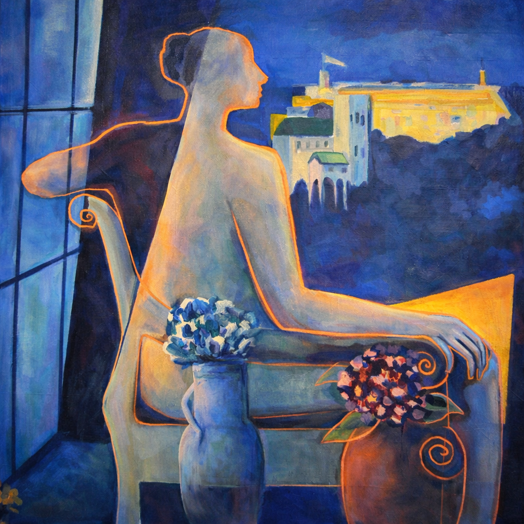 Contemplating Matisse in Morocco. 24 x 24 inches. Acrylic on canvas.