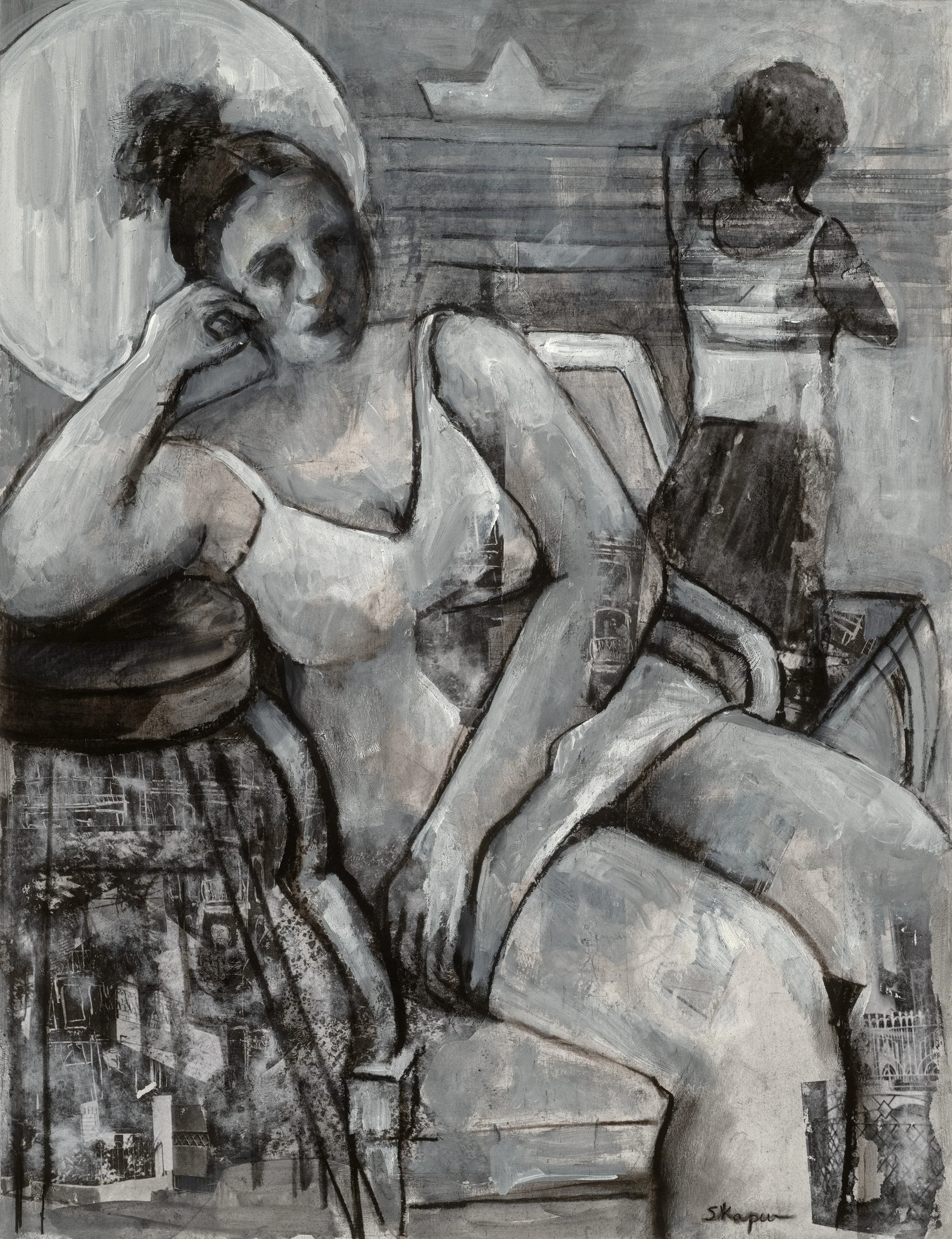 Paper Boats. 19 x 24 inches. Charcoal, acrylic paint and Xerox transfer on Bristol paper.