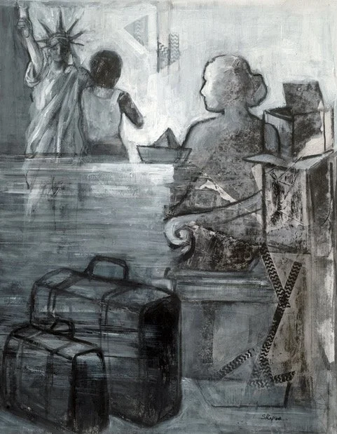 Suitcases and Promises. 19 x 24 inches. Charcoal, Acrylic paints, and Xerox Transfer on Bristol Paper.