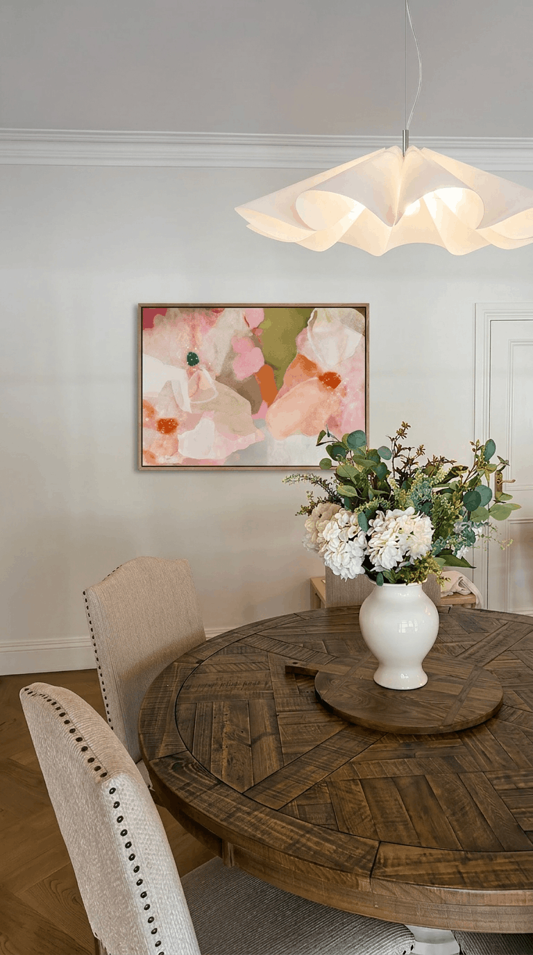 A dining room with a round wooden table, beige upholstered chairs, a white vase with a large floral arrangement, a colorful abstract painting, and a modern white pendant light.