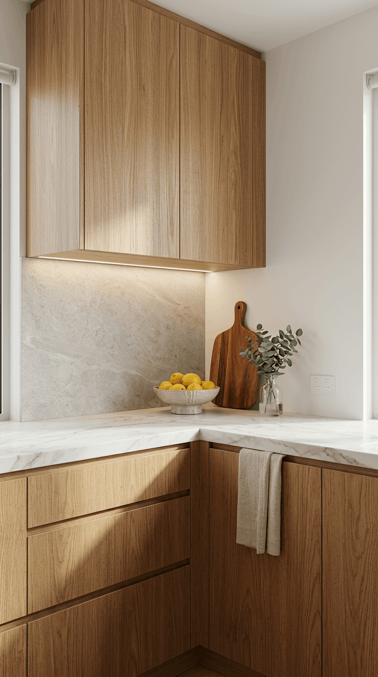 Modern kitchen corner with wooden cabinets, marble countertop, bowl of lemons, cutting board, and a small vase with greenery.
