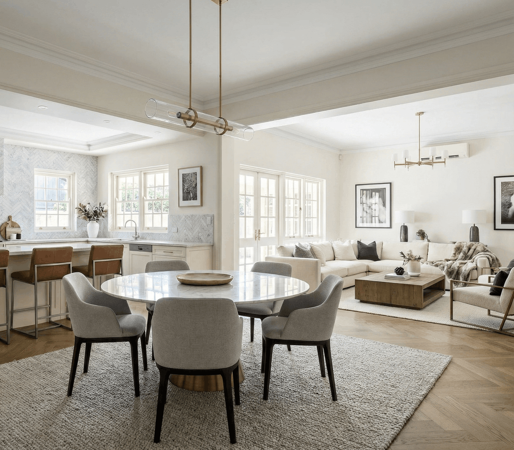 Bright, modern open-concept living and dining area with neutral tones, a round dining table with six chairs, a white sectional sofa, and large windows letting in natural light.