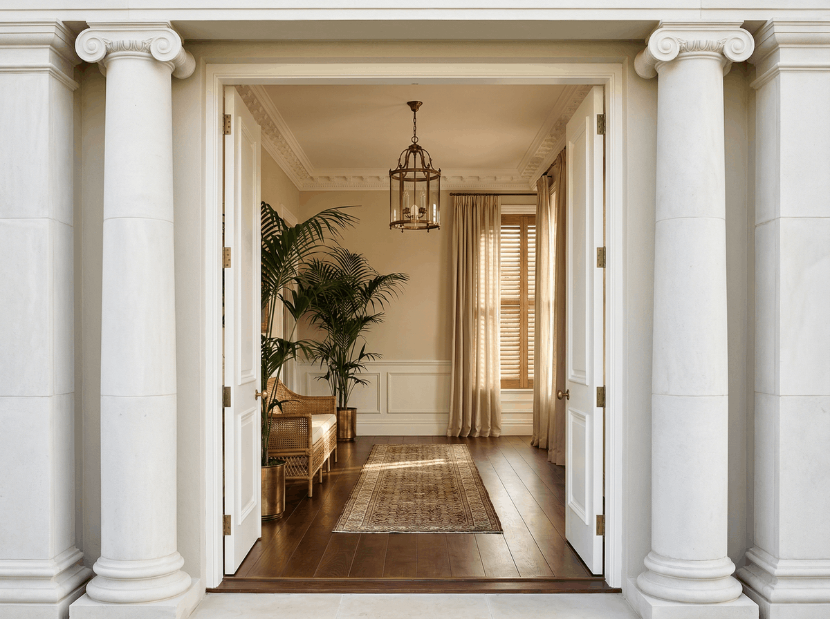 Elegant entryway with large white columns, double doors open to a room with hardwood floors, a rug, large potted plants, and windows with beige curtains.