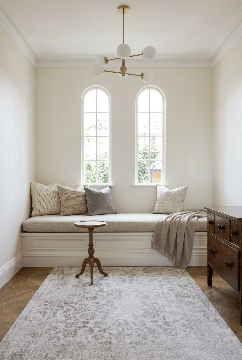 A cozy window nook with a cushioned bench, three pillows, a small round wooden side table, a soft beige throw blanket, a patterned rug, and a modern chandelier with globe lights hanging from a white ceiling in a bright room with two arched windows.