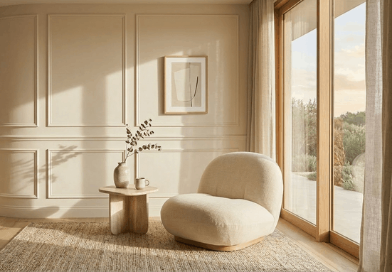 A cozy living room corner with a beige rounded armchair, a small wooden side table with a decorative vase and branch, a framed art piece on the wall, and large glass sliding doors leading outside to a natural landscape.