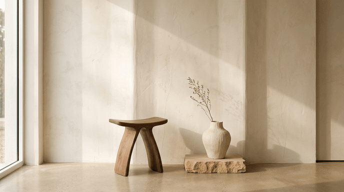 Minimalist interior with a small wooden stool and a vase with dried branches on a stone slab, near a large window.