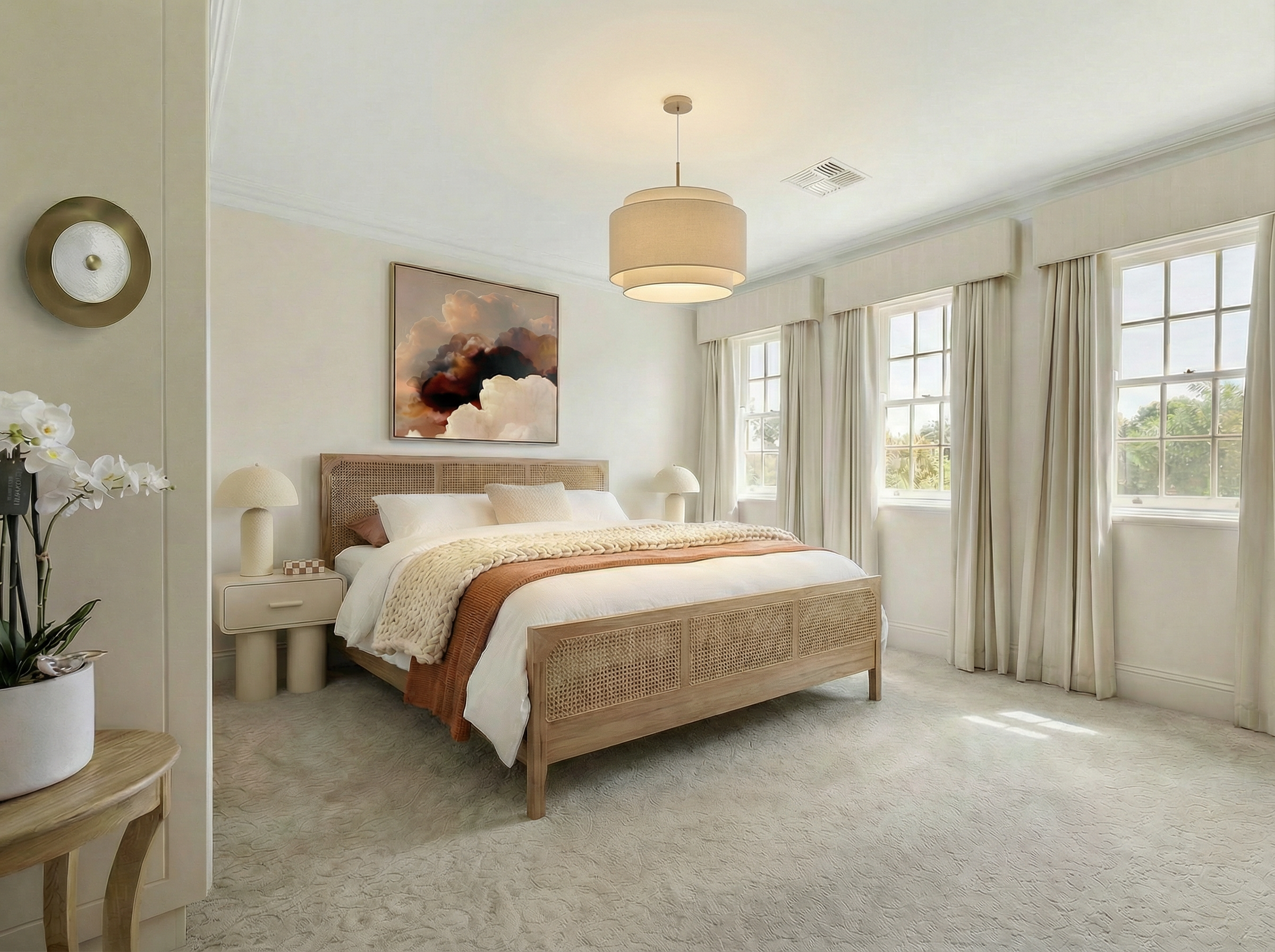 A bright bedroom with a wooden bed, white and beige bedding, and a painting of clouds on the wall. The room has multiple windows with light curtains, a beige carpet, and a ceiling light fixture.