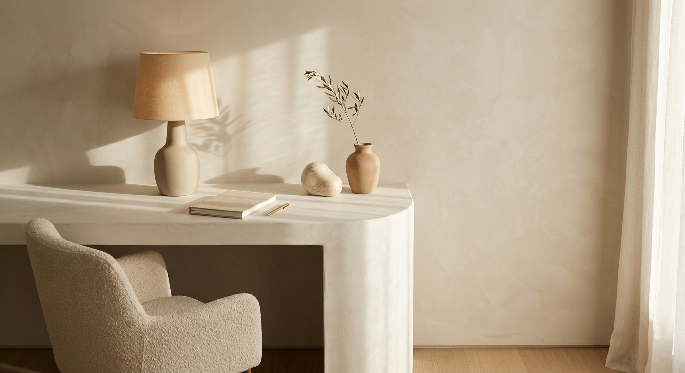 A beige armchair beside a white desk with a beige table lamp, a notebook, and decorative vases and stones, in a well-lit room with a cream wall and curtain.