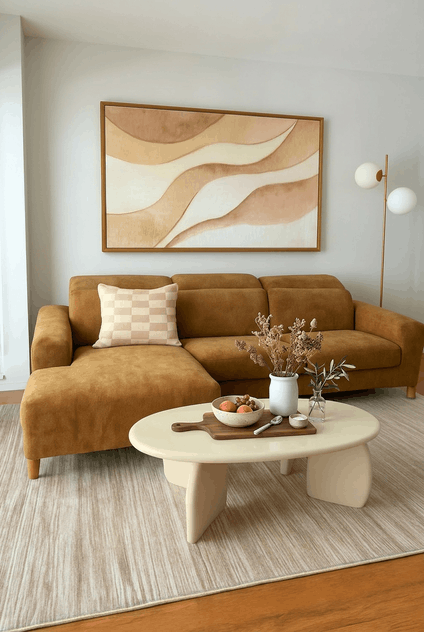 Living room with a tan sofa, checkered pillow, abstract wall art, white coffee table with decorative items, beige rug, and a tall floor lamp with two white globes.
