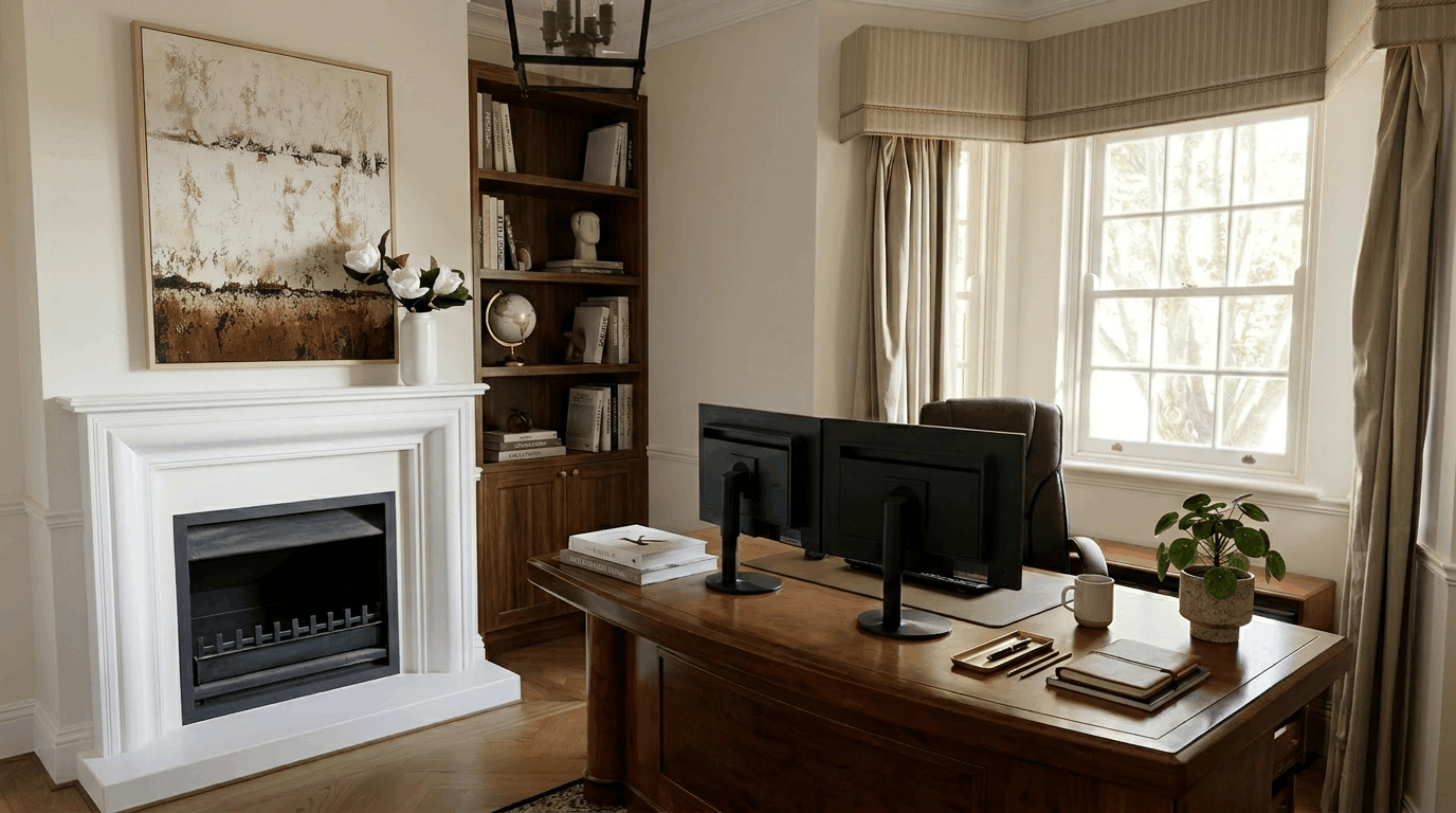 A cozy office with a large wooden desk, dual computer monitors, bookshelves, a fireplace with a white mantel, a large window with curtains, a potted plant, and decorative items.
