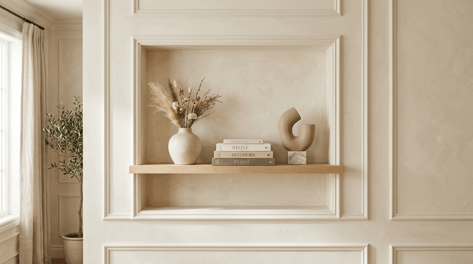 Decorative display shelf with a vase of dried flowers, a stack of books, and abstract sculpture inside a built-in wall niche in a neutral-colored room.