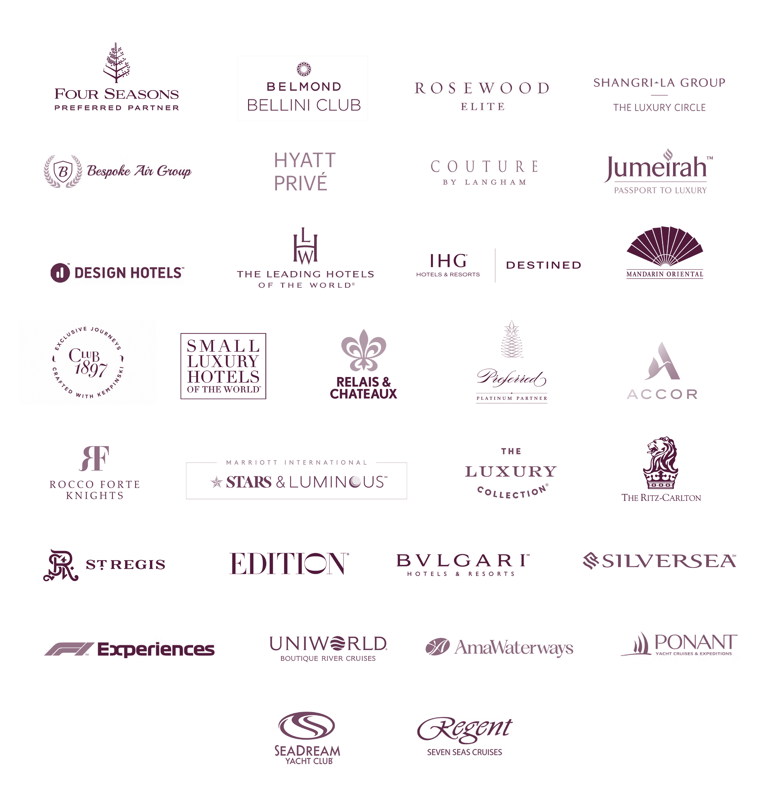 A collection of luxury hotel and cruise line logos, including Four Seasons, Belmond Bellini Club, Rosewood Elite, Shangri-La Group, Hyatt Privé, Couture by Langham, Jumeirah, Design Hotels, The Leading Hotels of the World, Mandarin Oriental, Rocco Forte Knights, Edition, Bulgari Hotels & Resorts, Silversea, Experiences, Uniworld Boutique River Cruises, AmaWaterways, PONANT Yacht Cruises & Expeditions, Regent Seven Seas Cruises, Seadream Yacht Club, and more.